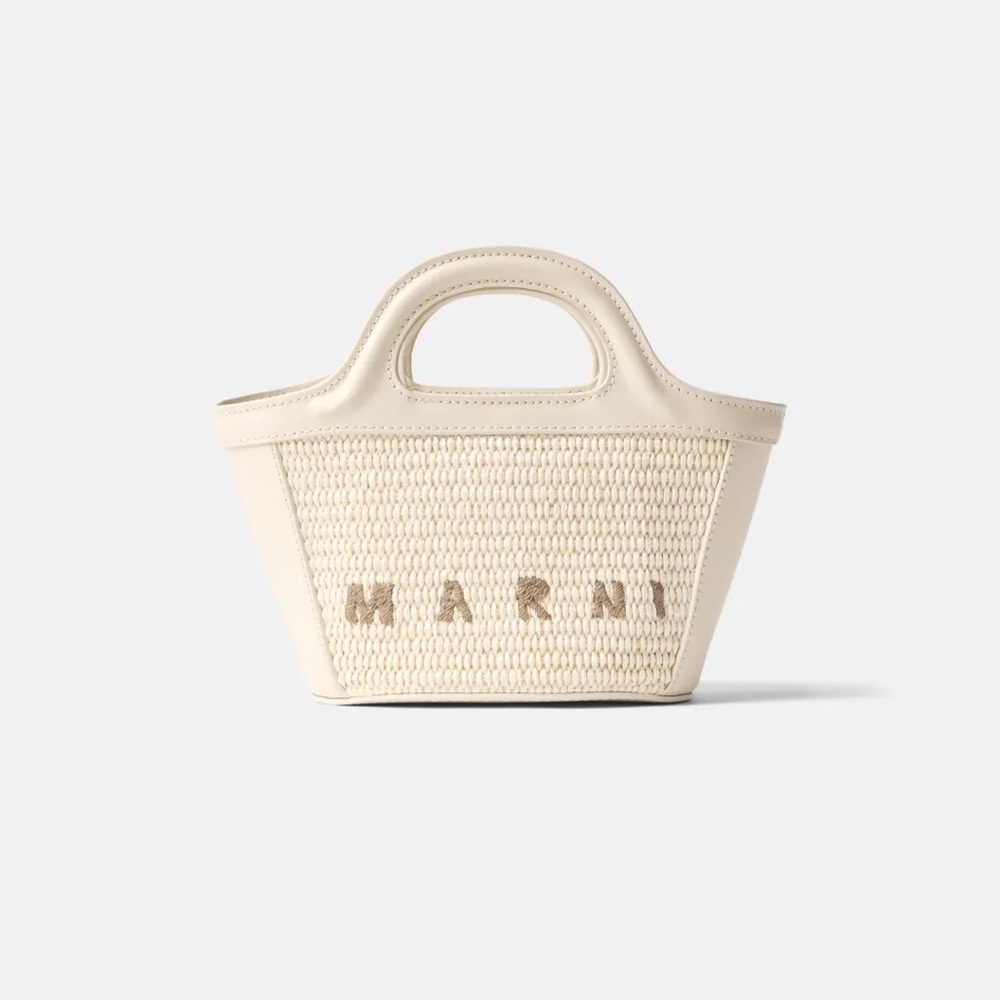 Marni Cream Woven Leather-Trim Mini Tote
